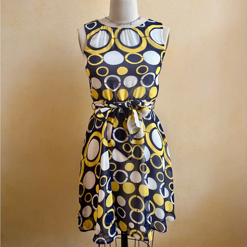 Banana Republic Yellow and Navy Circle Pattern Dress